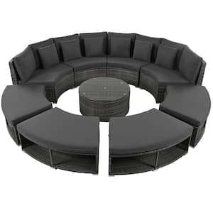 9-Piece Wicker Rattan Luxury Circular Outdoor Sectional Set with Gray Cushions, 6 Pillows and Coffee Table