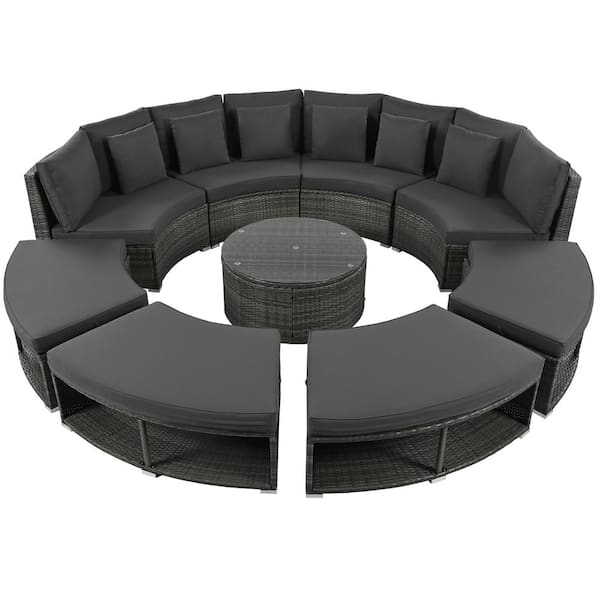 Runesay 9-Piece Wicker Rattan Luxury Circular Outdoor Sectional Set with Gray Cushions, 6 Pillows and Coffee Table