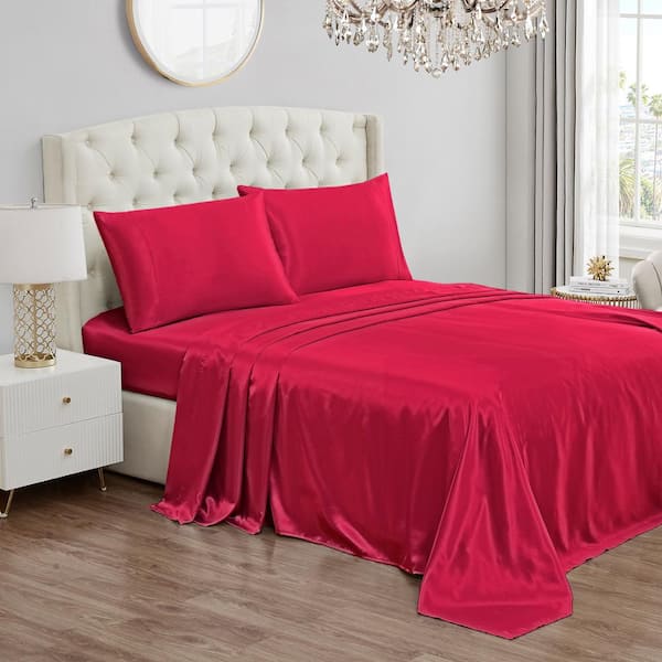 JUICY COUTURE Silky Satin 4-Piece Hot Pink Solid Color Microfiber King Deep Pocket Sheet Set