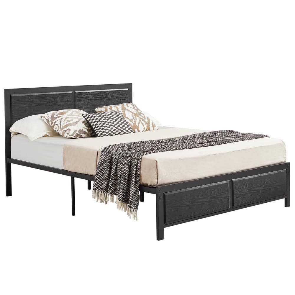 Metal Bed Frame Black Metal Frame Full Size Platform Bed with Rustic Country Style Wooden Headboard and Footboard - thumbnail 2