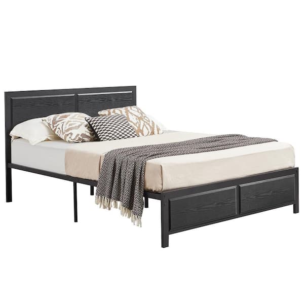 Metal Bed Frame Black Metal Frame Queen Size Platform Bed with Rustic Country Style Wooden Headboard and Footboard