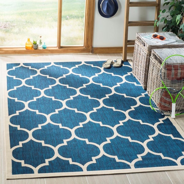Courtyard Navy/Beige 9 ft. x 12 ft. Geometric Indoor/Outdoor Patio  Area Rug