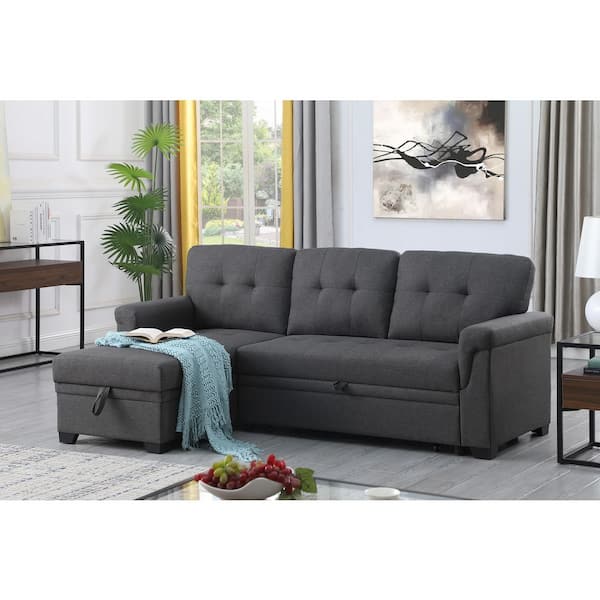 Heroine 84 in. Fabric Upholstered Rectangle Sectional Sofa in Dark Gray with Storage Pull-Out Chaise