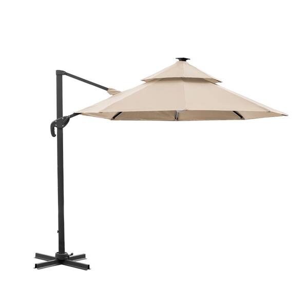 cantilever patio umbrella roma Furniture of America Zora 10' LED Bulb Double Top Octagon Patio Umbrella with Base In Beige