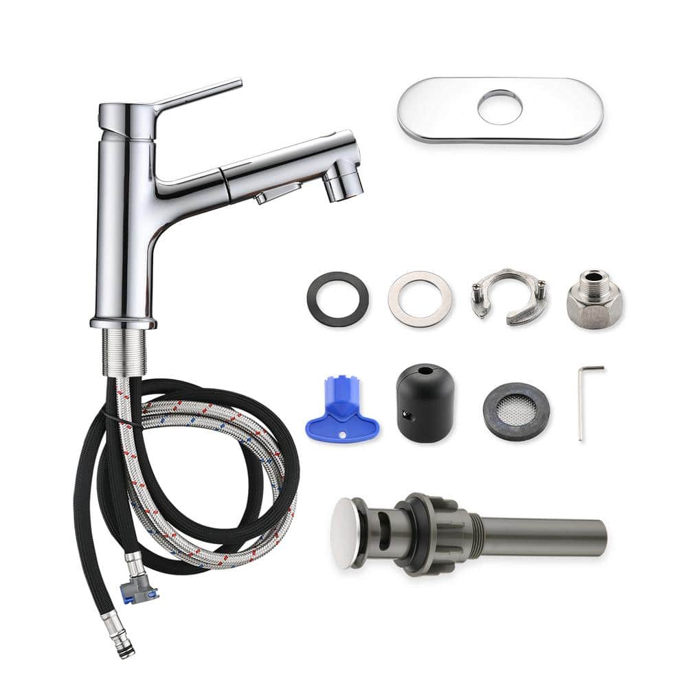 Polished Chrome Single Handle Bathroom Faucet with Deckplate and Drain Kit