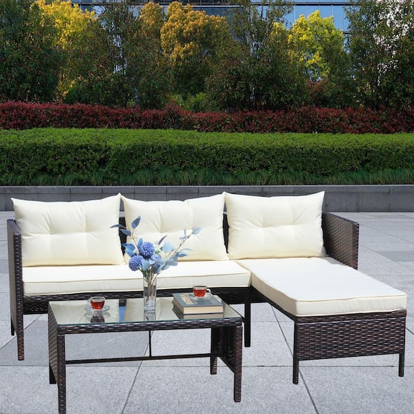 ECOCHIC SPACES INC Set 3 Pieces Brown Wicker Outdoor Sectional Set with Beige Cushions, 1 Table and 3 Pillows