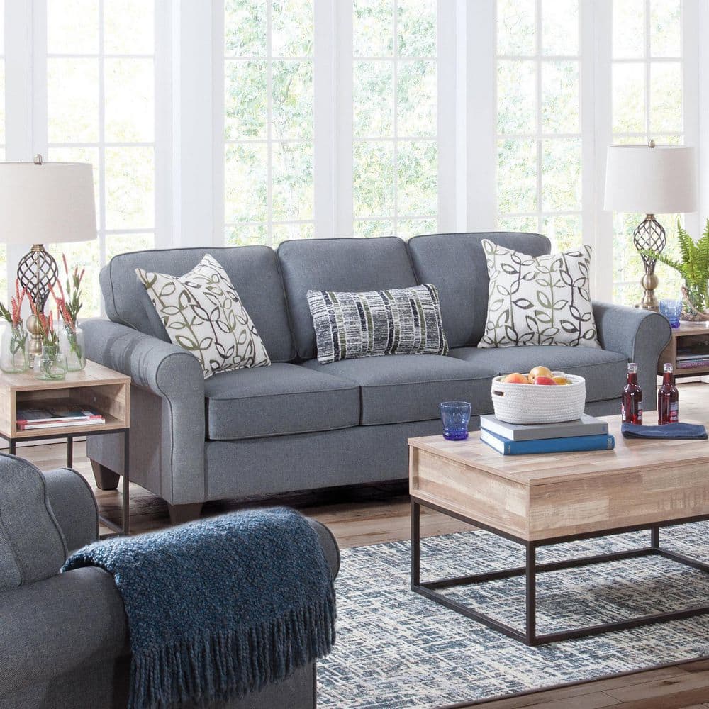 Classic Cottage Blue Fabric Sofa with Rolled Arms and Pillows
