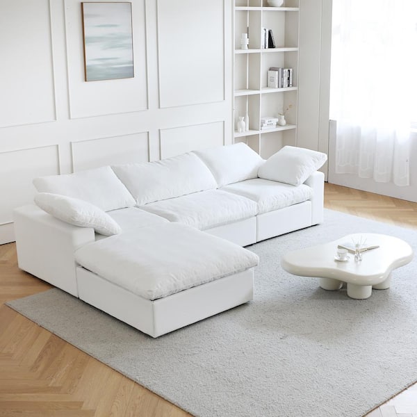 J&E Home Square Arm 4-Piece Velvet L Shaped Oversized Modular Sectional Sofa with Ottoman in White 120.45 in.