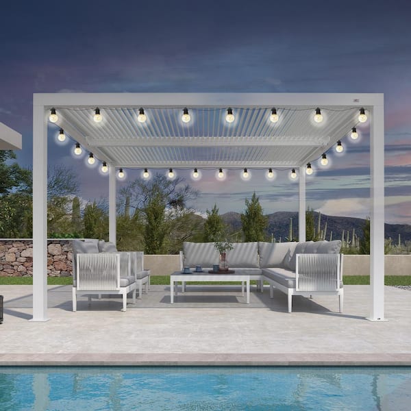 PURPLE LEAF 12 ft. x 12 ft. White Aluminum Frame Outdoor Louvered Pergola with Adjustable Sunshade Roof and Solar String Lights