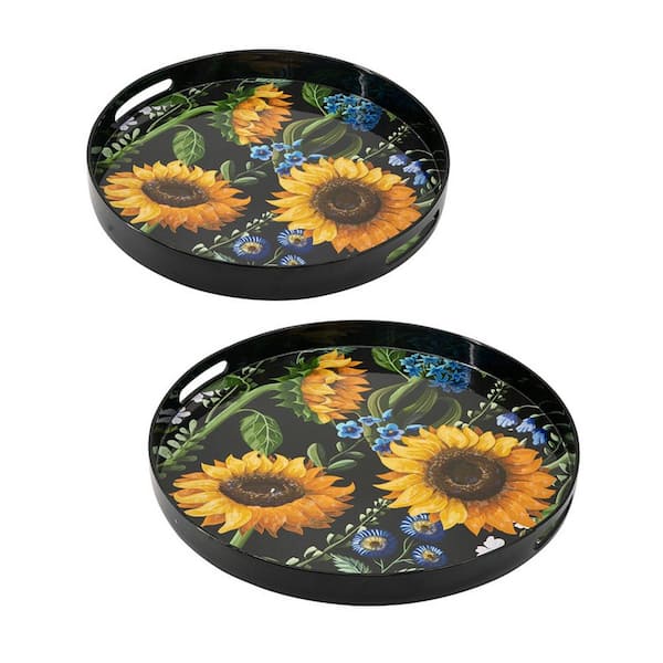 Benjara Black, Blue, Yellow and Green Decorative Tray (Set of 2)