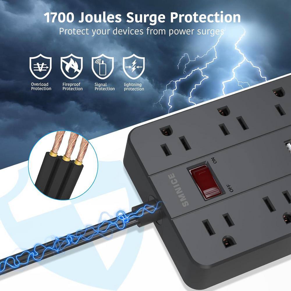 Black 8-Outlet Power Strip with USB Ports and 5 Ft Cord
