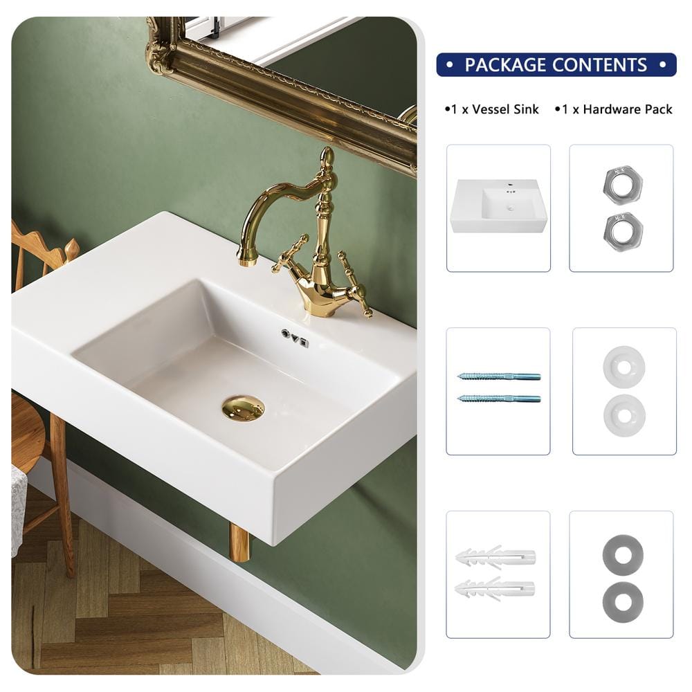 23.43'' White Ceramic Rectangular Wall Mount Bathroom Sink with Overflow