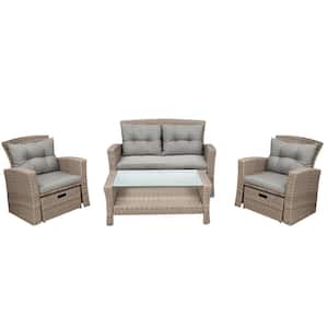 4-Piece All Weather Wicker Conversation Set Outdoor with Ottoman and Gray Cushions