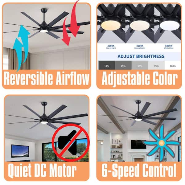 84 in. Super Large Black Ceiling Fan with 8 Blades Included with Remote, Downrod Mount