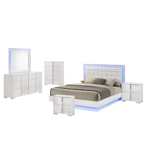 Elma 6-Piece White Lacquer Faux Leather Wood Frame Eastern King Platform Bedroom Set With LED