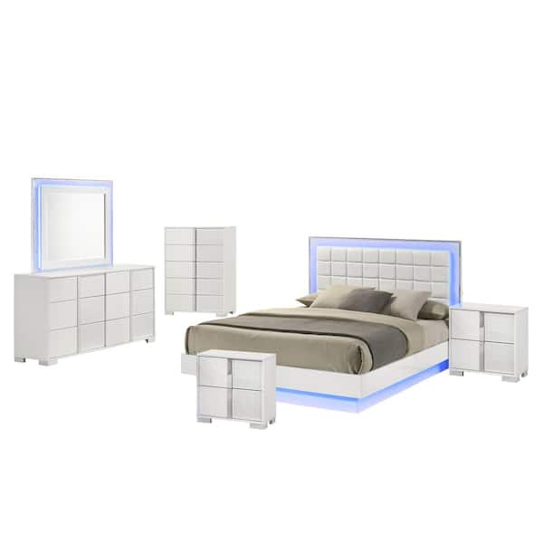 Best Quality Furniture Elma 6-Piece White Lacquer Faux Leather Wood Frame Eastern King Platform Bedroom Set With LED