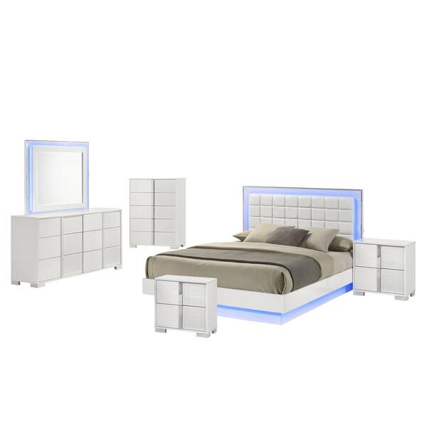 Best Quality Furniture Elma 6-Piece White Lacquer Faux Leather Wood Frame Queen Platform Bedroom Set With LED