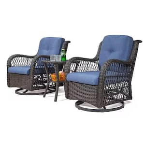 3-Piece Wicker Outdoor Bistro Set with 2 Swivel Chairs Blue Cushioned and 1 Glasstop Side Table