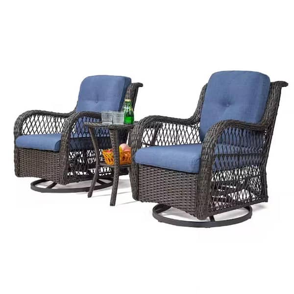 Sudzendf 3-Piece Wicker Outdoor Bistro Set with 2 Swivel Chairs Blue Cushioned and 1 Glasstop Side Table