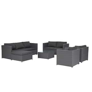 Gray 6-Piece Wicker Outdoor Sectional Set with Black Cushions