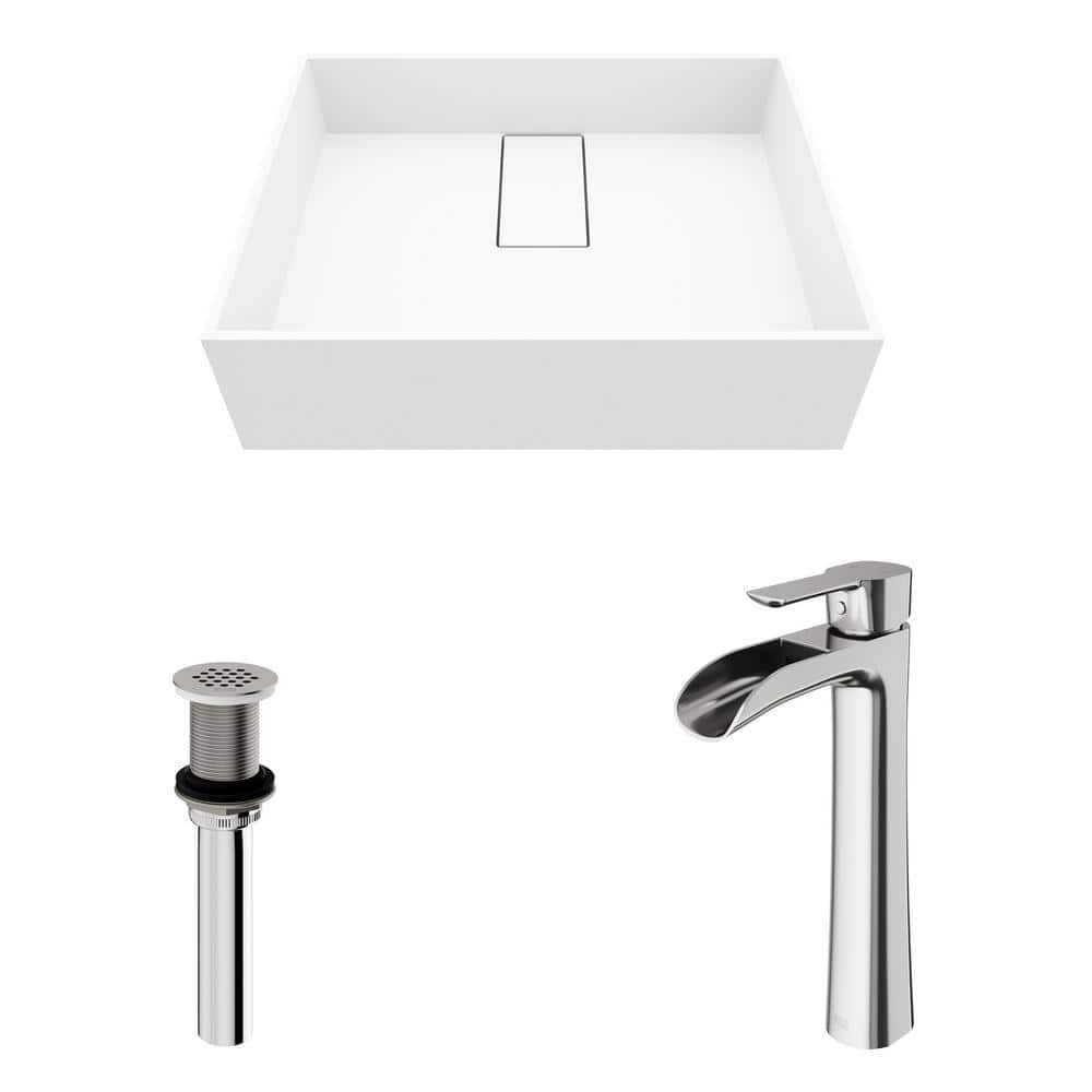 Bryant 17" White Matte Stone Vessel Sink with Waterfall Faucet