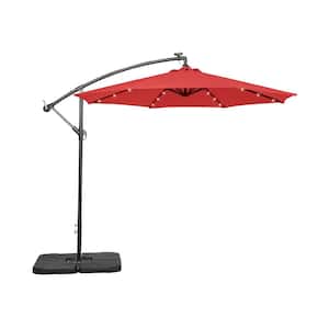 Bayshore 10 ft. Outdoor Patio Crank Lift LED Solar Powered Cantilever Umbrella with 4-Piece Base Weights in Red