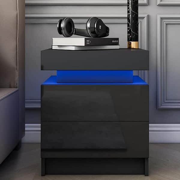 Hommpa Modern Black 2-Drawer 20.5 in. H x 17.7 in. W x 13.8 in. D Nightstand with Smart RGB LED Light Strip