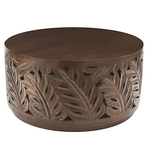 Palmeadow 36 in. Round Carved Walnut Brown Wood Coffee Table