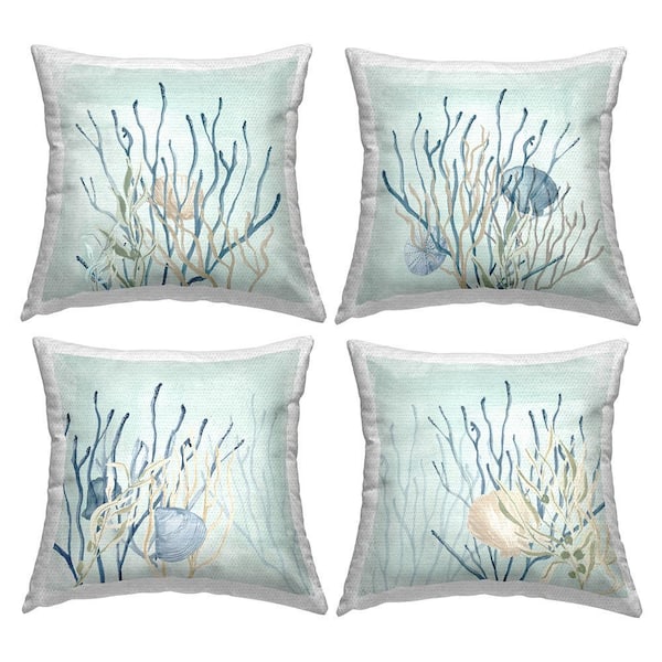 Underwater Seashell Coral Reef Blue Square Outdoor Throw Pillow 4-Pack