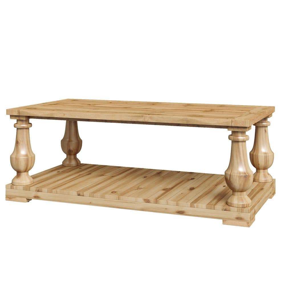 Vintage 42 in. Natural Rectangle Pine Wood Top Coffee Table with Storage Shelf and Turned Legs