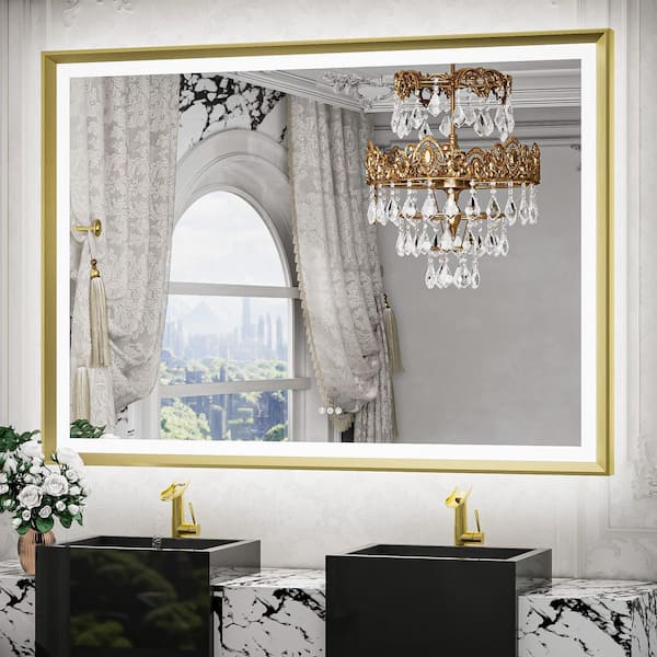 48 in. W x 36 in. H Rectangular Framed LED Lighted Bathroom Vanity Mirror with Light in Gold with Backlit and Anti-Fog