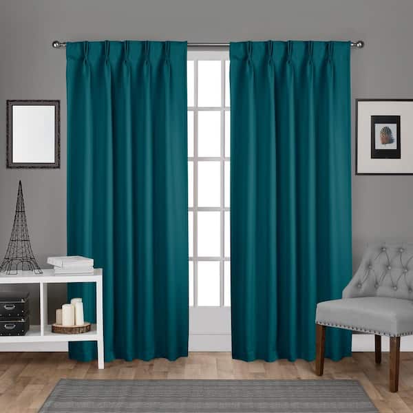 EXCLUSIVE HOME Sateen Teal Solid Woven Room Darkening Double Pinch Pleat / Hidden Tab Curtain, 30 in. W x 96 in. L (Set of 2)