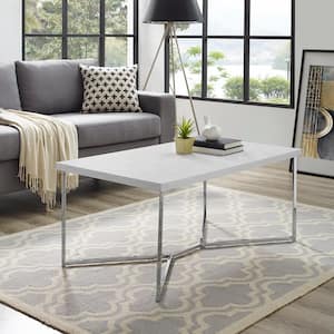42 in. Chrome/White Rectangle Faux Marble Top Coffee Table