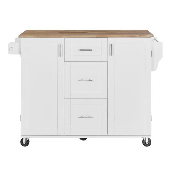Unbranded White Rubber Wood 51.49 in. Kitchen Island with Storage 3-Drawer 2-Slide-out Shelf Storage Rack Wheels Spice Rack