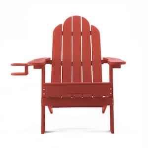 Miranda Red Foldable Recycled Plastic Outdoor Patio Adirondack Chair with Cup Holder for Garden/Backyard/Firepit/Pool