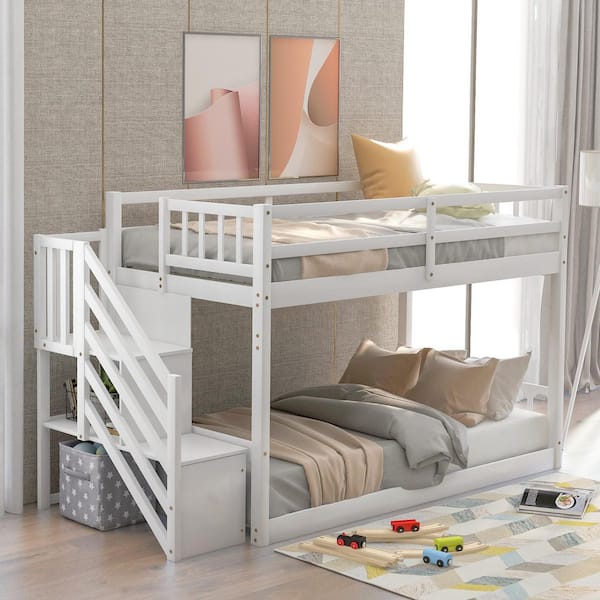 White Twin Over Twin Size Floor Bunk Bed with Storage Ladder