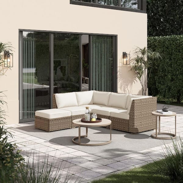 Holly Cove 7-Piece Wicker Outdoor Sectional Set with CushionGuard Almond Cushions