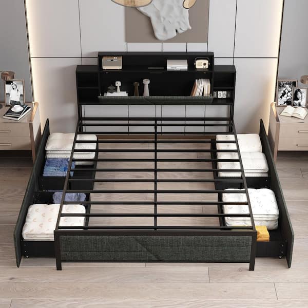 Black Metal Frame Queen Size Platform Bed with Storage Drawers, Power Outlets, Modern Panel Bed w/ Headboard, Bookshelf