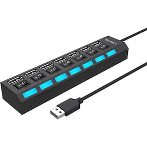 Multi Port Splitter-7 Ports USB A 2.0 Data Hub with Independent On/Off Switch and LED Indicators for Laptop, Computer