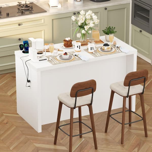 White Finish Wood Top 61 in. Kitchen Island with Adjustable Shelves, Storage Drawers, Built-in Power Outlets