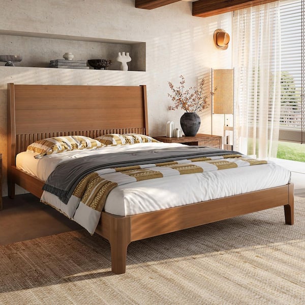 Harper & Bright Designs Warm Brown Solid Bamboo Wood Frame Full