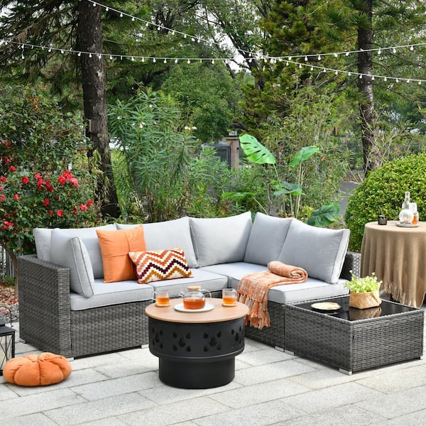 Toject Sanibel Gray 6-Piece Wicker Outdoor Patio Conversation Sofa Set with a Wood-Burning Fire Pit and Light Gray Cushions