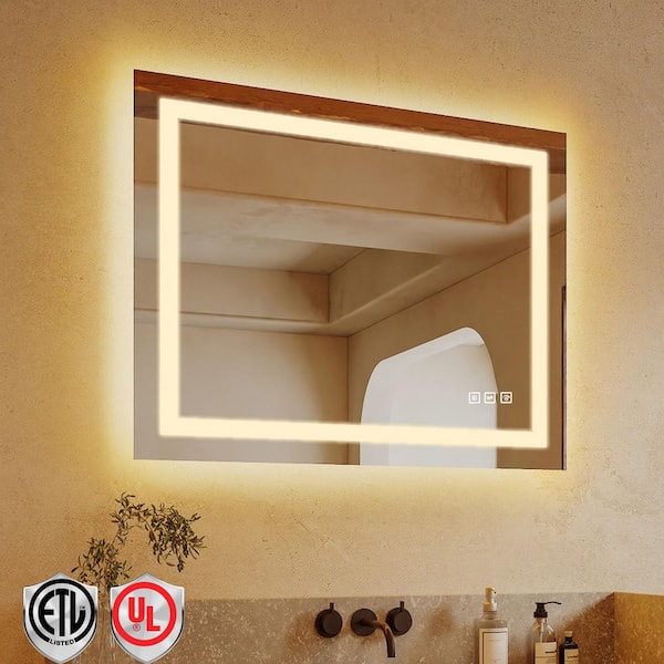 ORGANNICE 48 in. W x 30 in. H Rectangular Frameless LED Light Anti-Fog Bathroom Wall Mirror with Backlit and Front Light