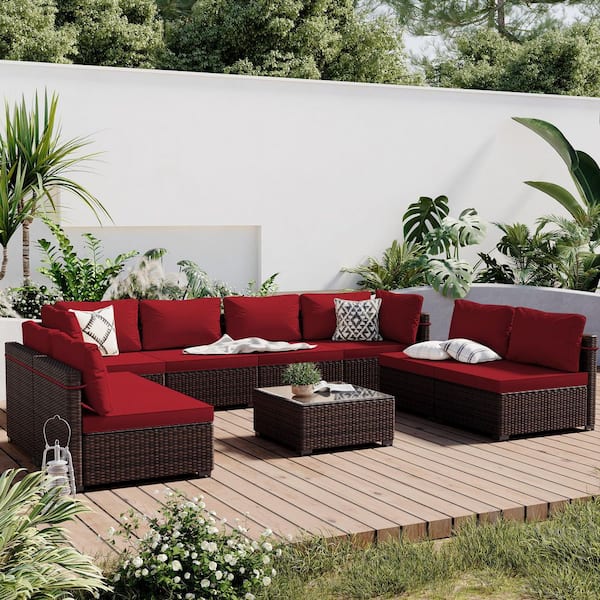 9-Piece Wicker Patio Conversation Seating Set with Red Cushions and Coffee Table