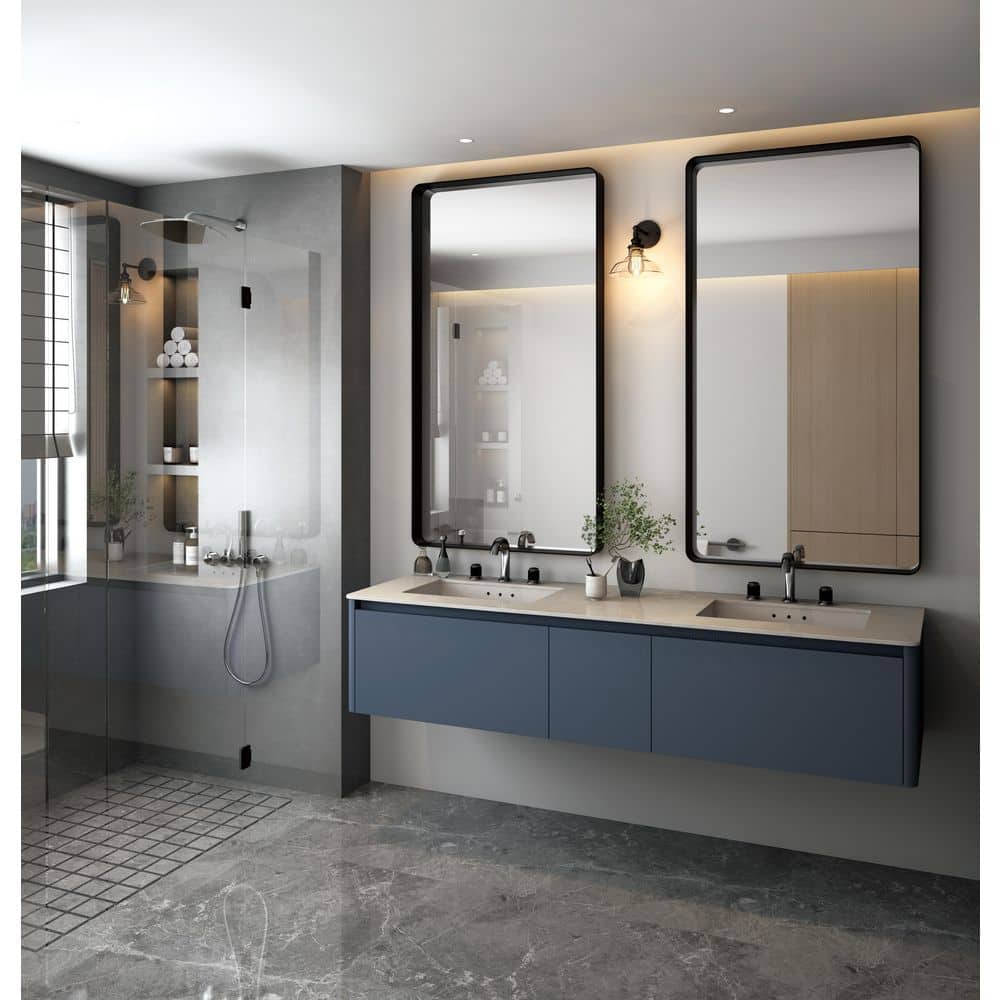Large Matte Black Rectangular Metal Framed Vanity Mirror