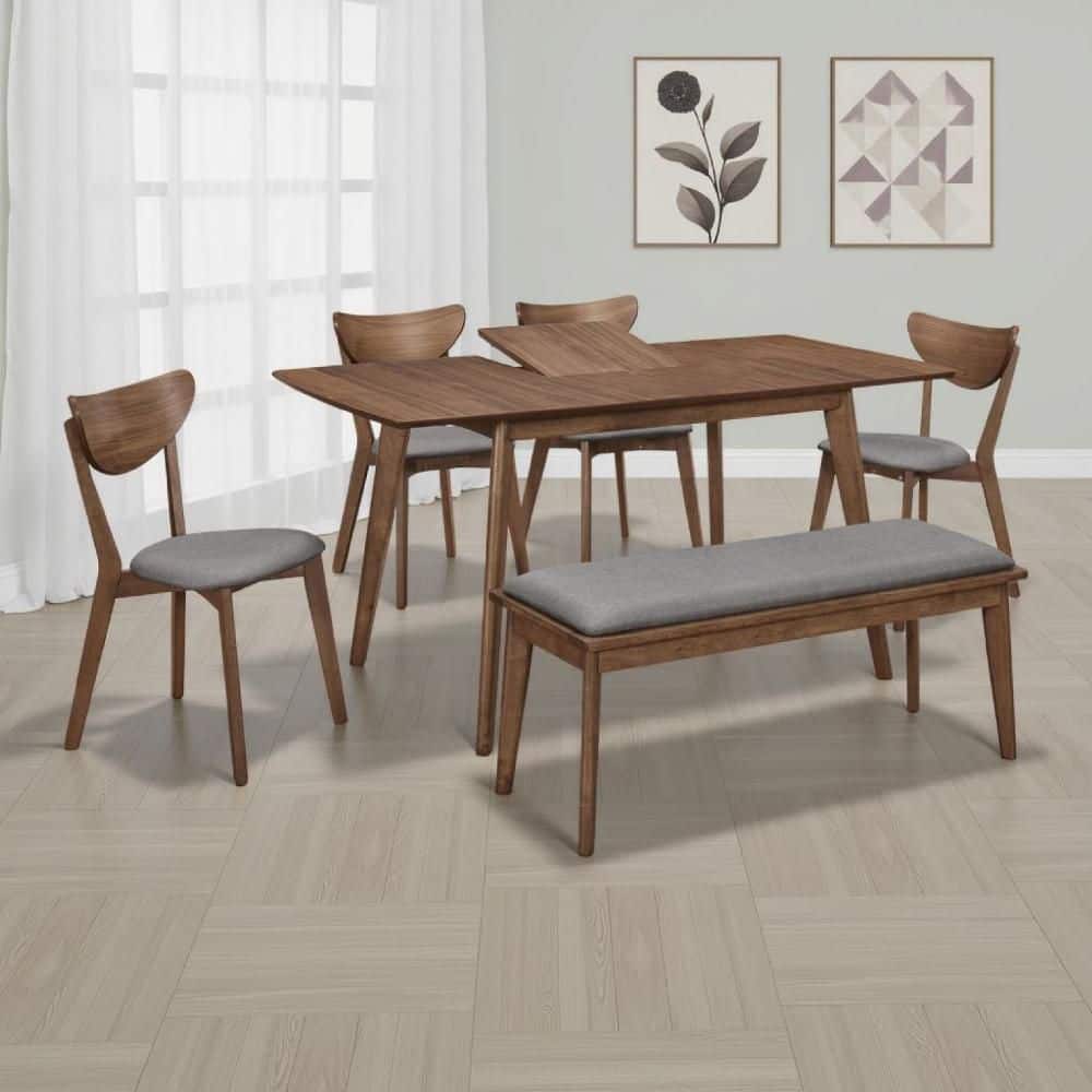 Relo 6-Piece Rectangle Walnut Brown and Gray Extendable Dining Table Set with 4-Cushioned Chairs and Bench (Seats 6)