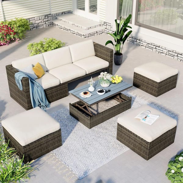 ANGELES HOME 5-Piece Rattan Wicker Outdoor Sectional Set for Patio Garden with Beige Cushion and Lift Top Coffee Table