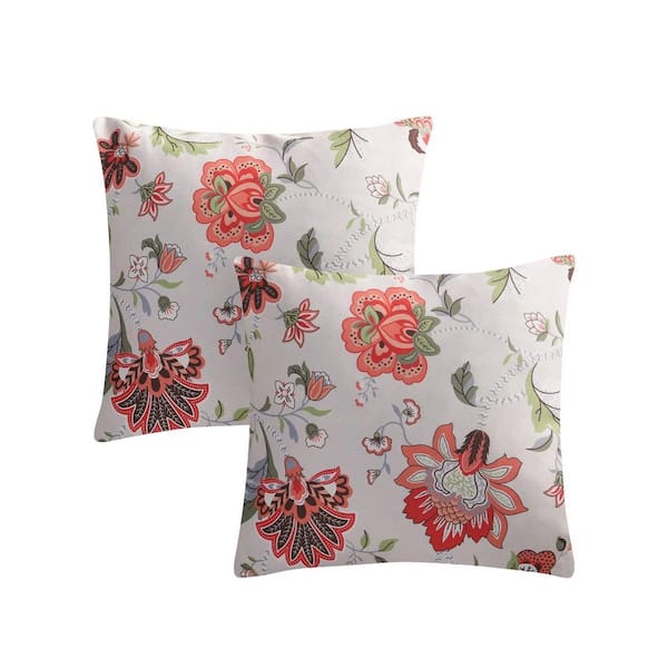 26 x 26 Outdoor Feather Down Throw Pillow Oronge Floral Embroidery Printed Floral (Set of 2)