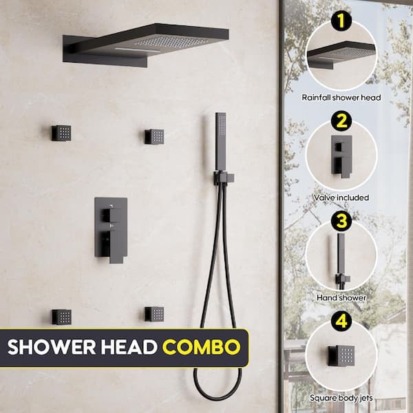 4-Spray Wall Mount Dual Fixed and Handheld Shower Head 2.5 GPM in Matte Black with 4 Jets, Pressure Balance Value