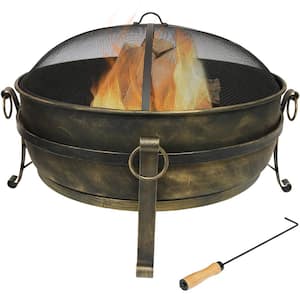 34 in. x 23 in. Round Large Steel Cauldron Wood Fire Pit in Black with Spark Screen